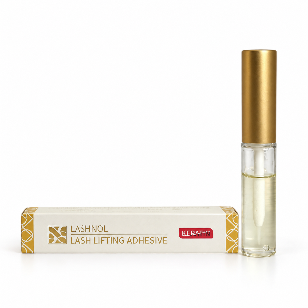 LASHNOL ケラチン ラッシュリフトグルー 5ml 金キャップのボトルと外箱